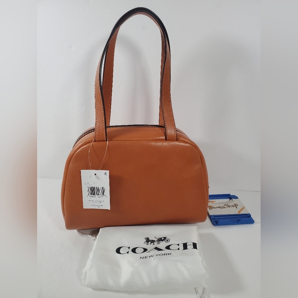 Coach Twin Turnlock Bag 20 in Dark Brass/Toffee Waxed Full Grain Leather NWT - Picture 2 of 8